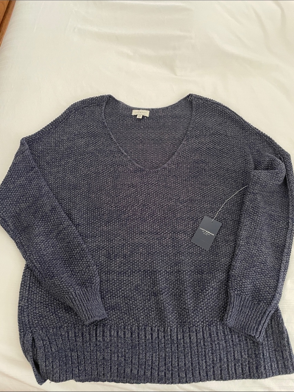 Lucky brand Dark heathered Navy V-Neck Textured Knit Sweater